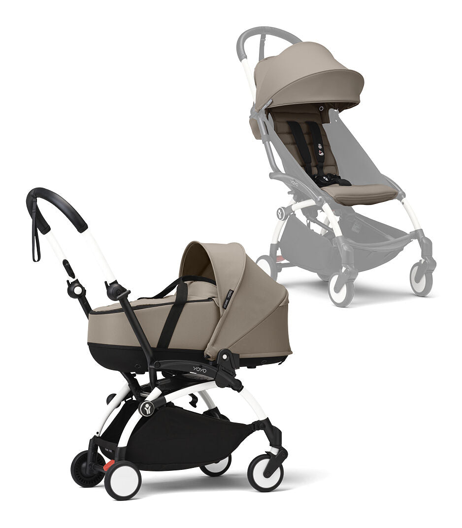 Stokke® YOYO³ Количка + Бебешки кош, Бяло шаси Taupe