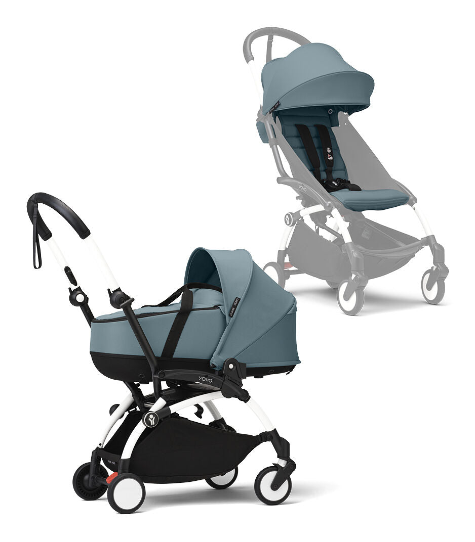 Stokke® YOYO³ Количка + Бебешки кош, Бяло шаси Aqua