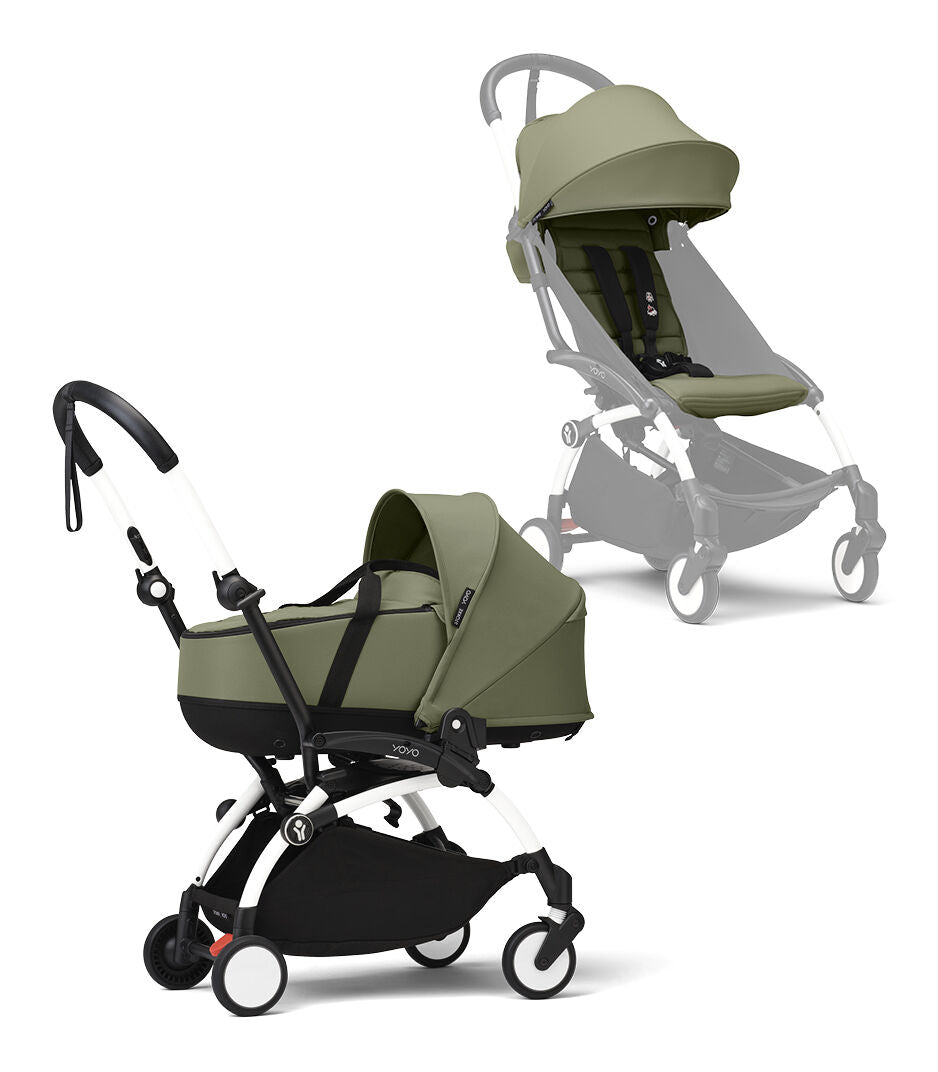 Stokke® YOYO³ Количка + Бебешки кош, Бяло шаси Olive