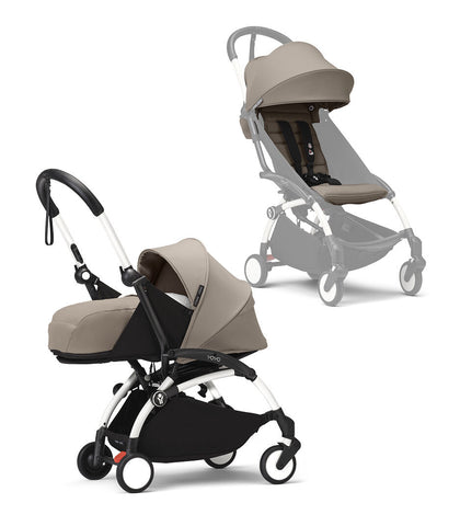 Stokke® YOYO³ 0+ Сгъваем мек кош, Бяло шаси - цвят Taupe