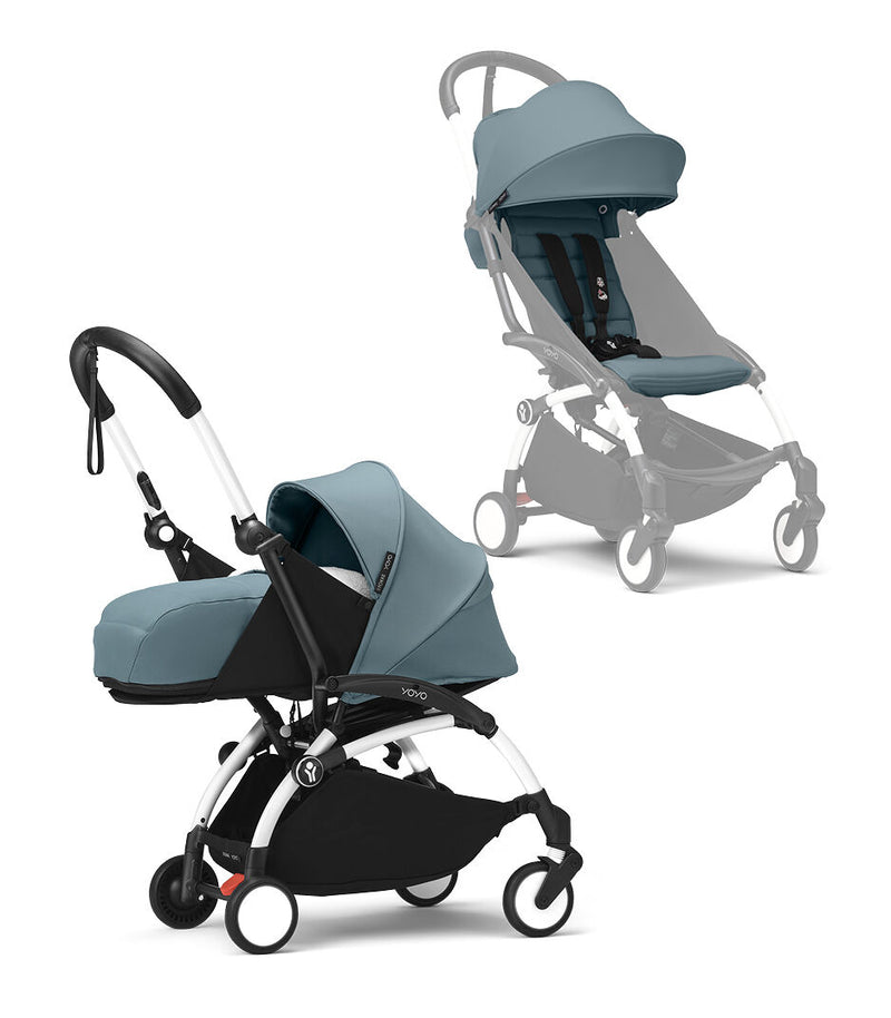 Stokke® YOYO³ Количка + Сгъваем мек кош, Бяло шаси - Aqua