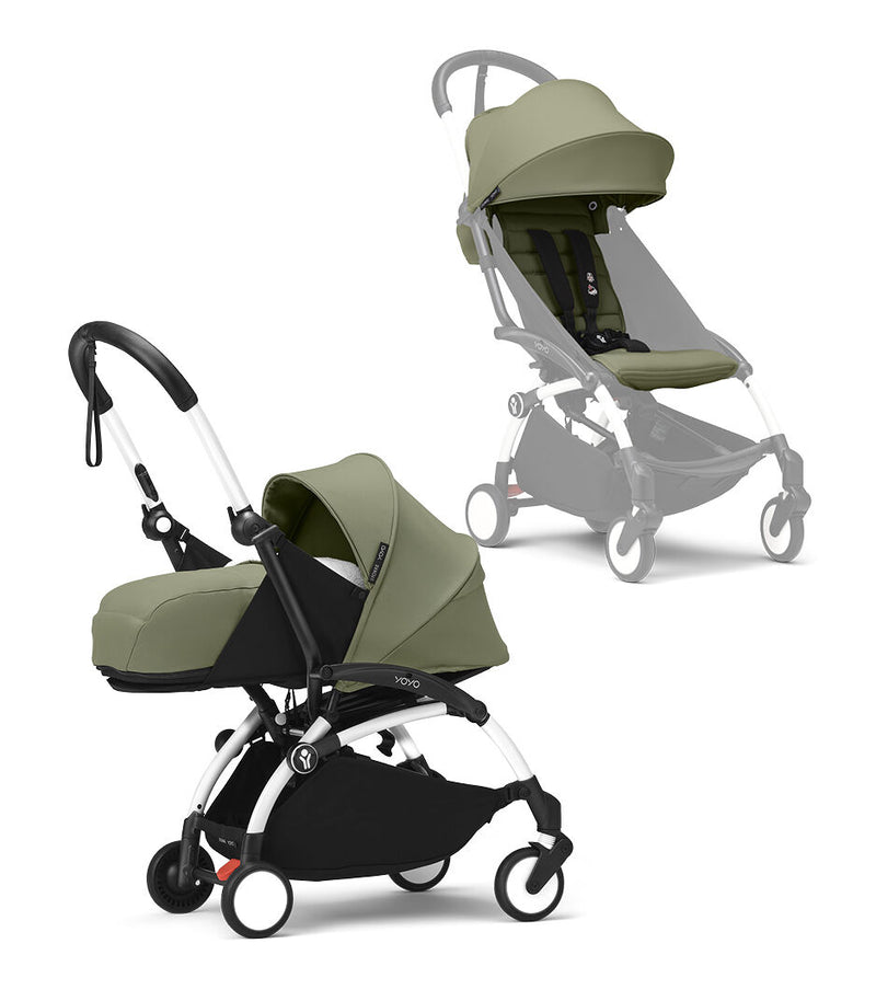 Stokke® YOYO³ Количка + Сгъваем мек кош, Бяло шаси - Olive
