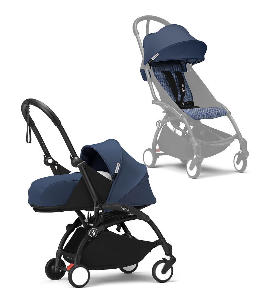 Stokke® YOYO³ Количка + Сгъваем мек кош, Черно шаси Air France Blue