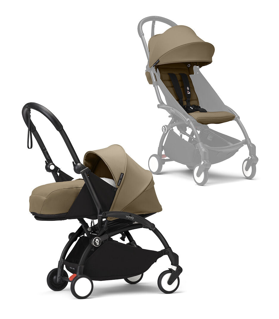 Stokke® YOYO³ Количка + Сгъваем мек кош, Черно шаси - Toffee